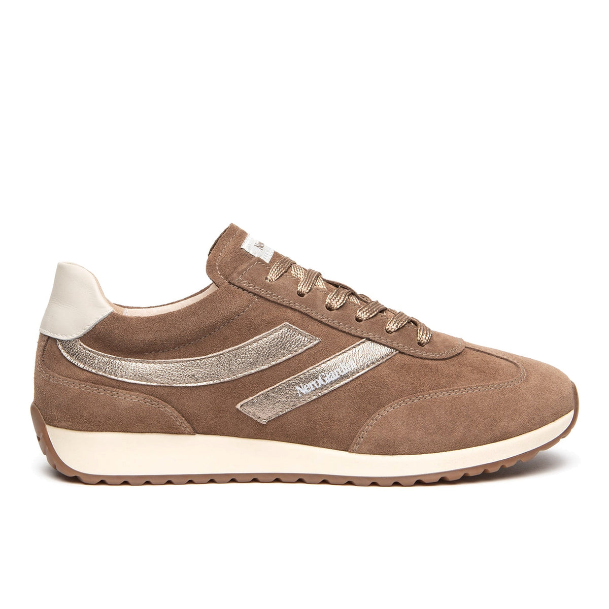 NeroGiardini: Sneakers da donna in pelle scamosciata idrorepellente tortora con inseti in pelle platino