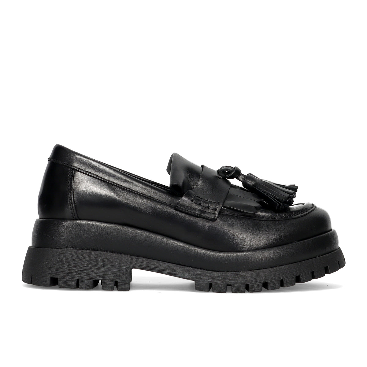 PAWELKS: Mocassino da donna in pelle nera con nappine e maxi suola