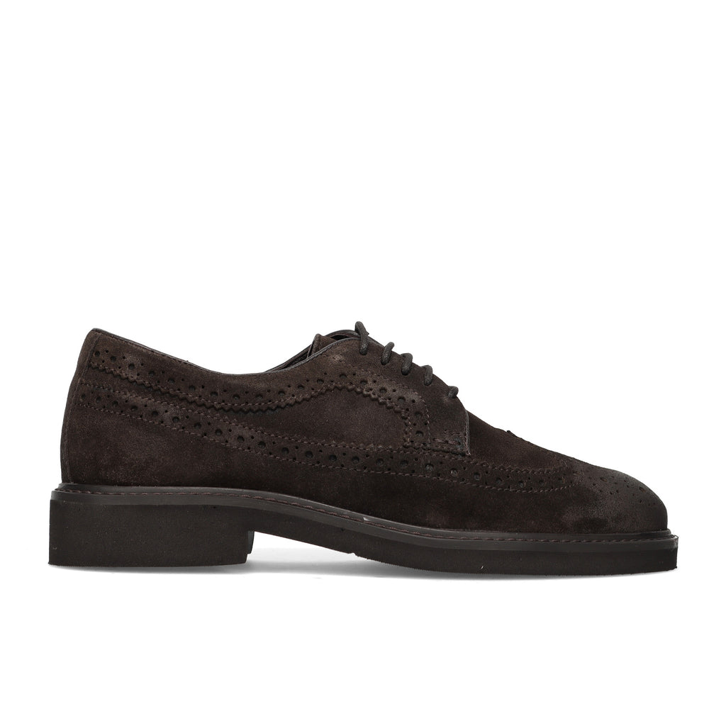 SANGIORGIO: Scarpa stringata derby da uomo in pelle scamosciata marrone con bucature decorative
