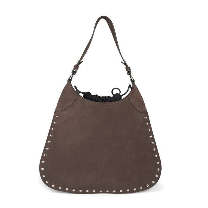 VIC MATIE': Borsa a spalla Boho in camosco marrone scuro con borchie e coulisse