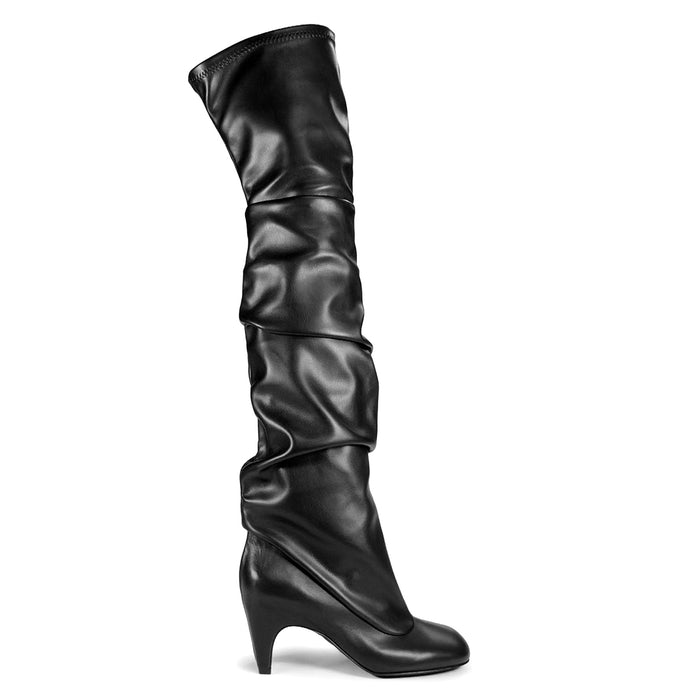 VIC MATIE': Stivale cuissard L42 Edge in pelle e nappa sintetica stretch nera con tacco medio