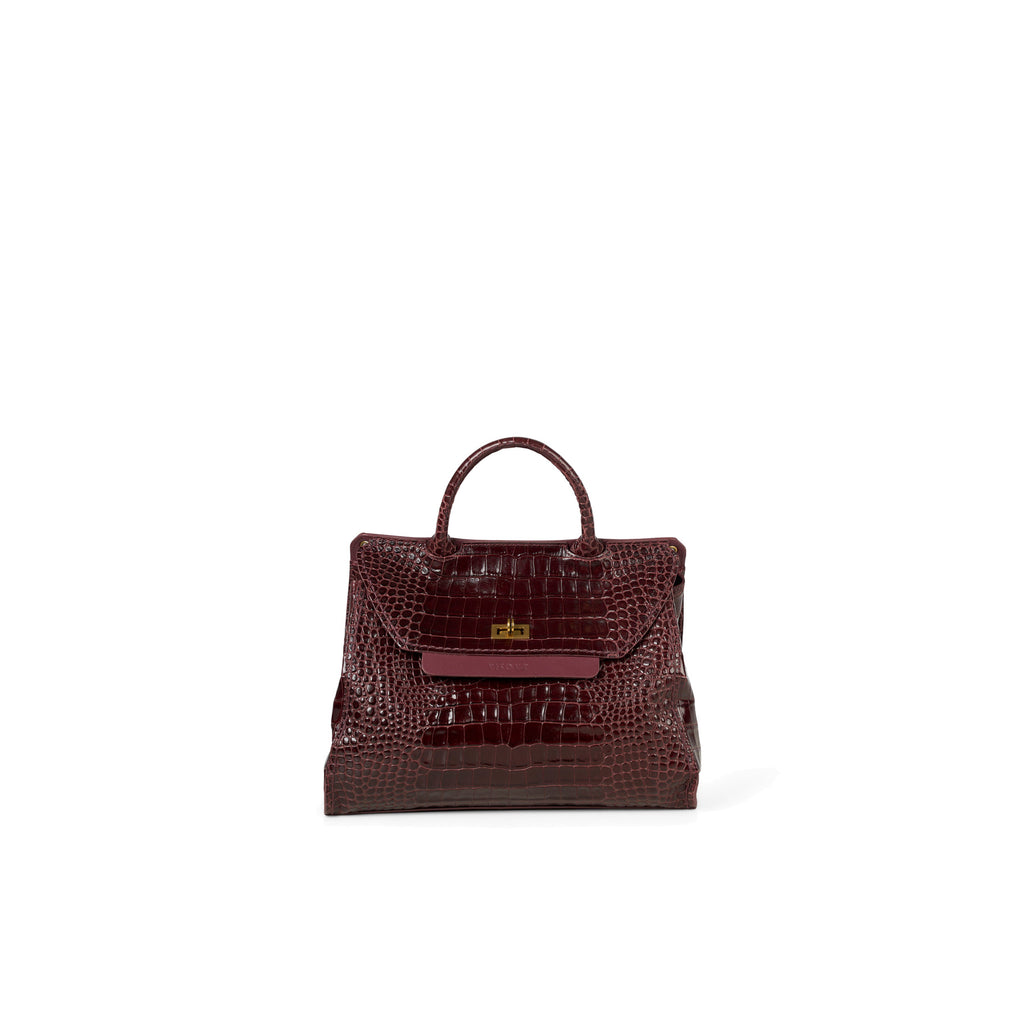 Visonà: Borsa shopping Ornella in pelle stampa coccodrillo bordeaux