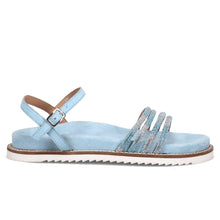 Sandalo fusion in pelle azzurra con zeppa e strass