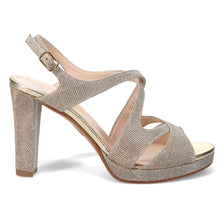 Sandalo elegante da donna sangiorgio in tessuto glitterato oro con tacco alto