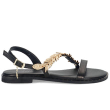 Sandalo greco flat caryatis in pelle nera con accessorio color oro
