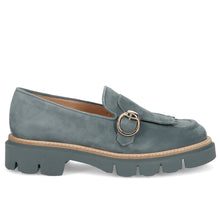 Mocassino da donna luca grossi in camoscio azzurro con frangia e fibbia